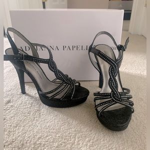 Black platform heel with silver/black rhinestones